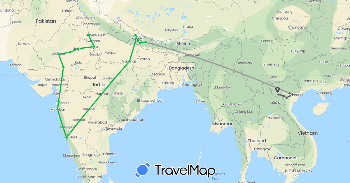 TravelMap itinerary: driving, bus, plane, motorbike in India, Nepal, Vietnam (Asia)