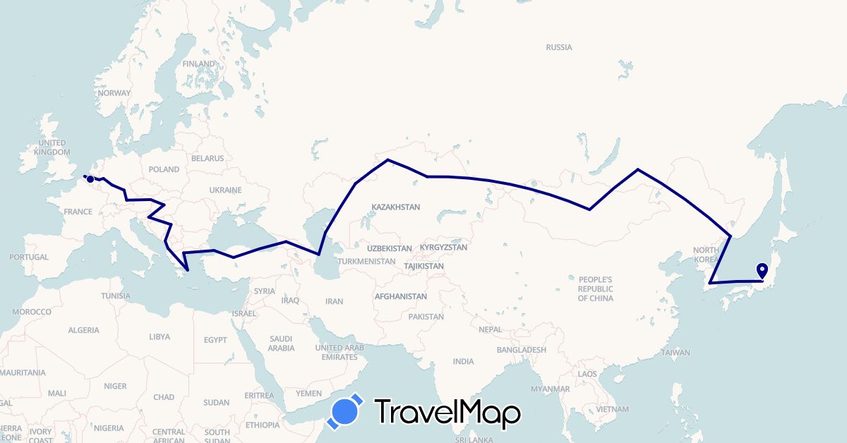 TravelMap itinerary: driving in Albania, Austria, Azerbaijan, Belgium, Germany, Georgia, Greece, Croatia, Hungary, Japan, South Korea, Kazakhstan, Montenegro, Mongolia, Netherlands, Serbia, Russia, Turkey (Asia, Europe)